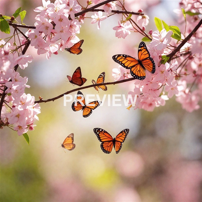 Several orange and black monarch butterflies are flying around pink cherry blossom flowers on tree branches against a soft, blurred background.